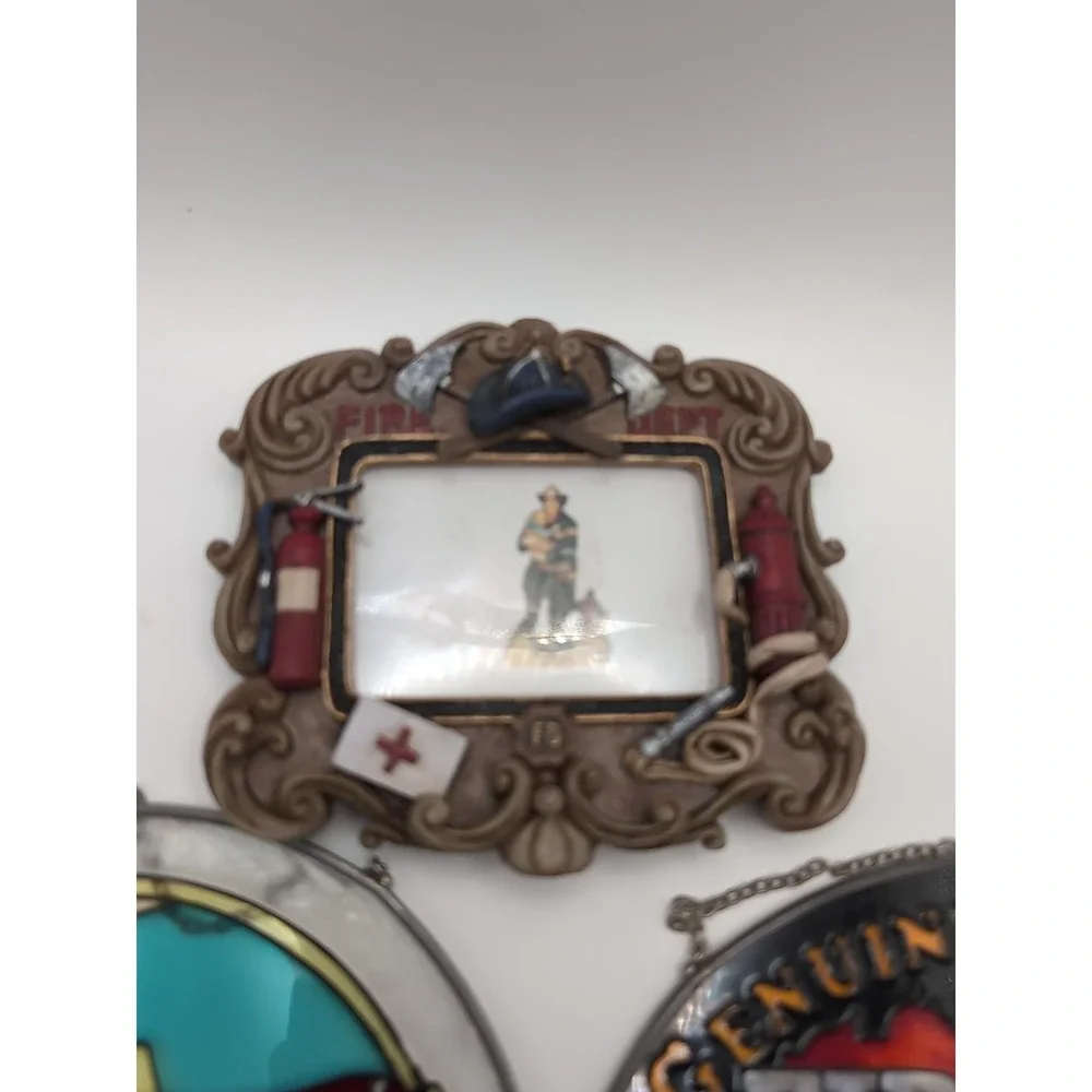 Genuine Antique Fireman Picture‎ Frame Stained Glass (Gift For Your Fireman) Lot
